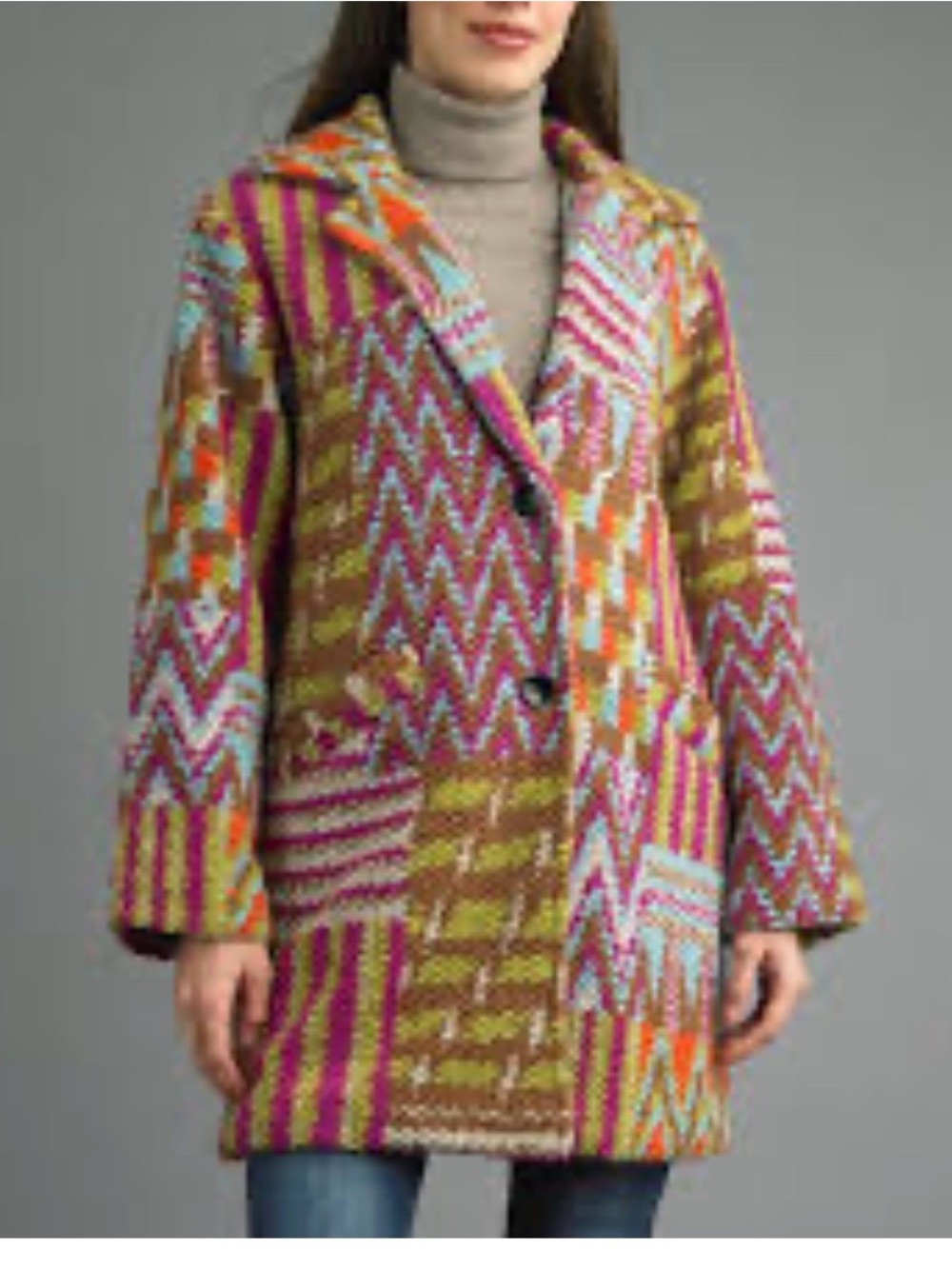Tempo Paris Multicolor Zigzag Patchwork Coat with Pink & Orange Accents